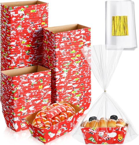 SiliFine 100 Sets Christmas Loaf Pans Disposable Paper Baking Pans Rectangle Bread with 100 Pcs Clear Bread Bags with Ties Loaf Molds for Cake Oven Baker (3.2 x 1.6 x 1.6 Inches)