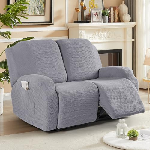 KinCam Funda Sillon Relax reclinable, Funda para Sillón Relax de Jacquard, Funda Sillon orejero Funda Elástica con Bolsillo para Perros y Mascotas, Suave y Lavable Funda Sofa 2 plazas Gris Claro