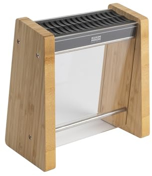 Kuhn Rikon Bloque de cuchillos de bambú helado vacío. Hecho de bambú sostenible con frente de plexiglás transparente. Inserto flexible para varios tamaños de hoja, fácil acceso y extraíble para