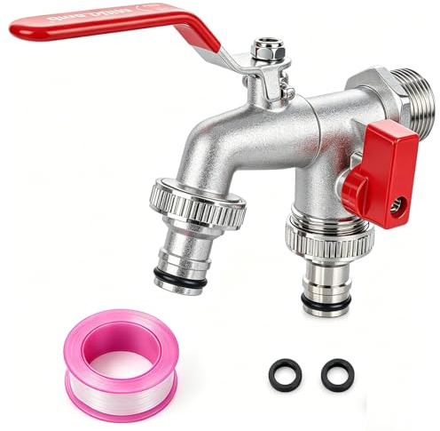Premium 3/4 Zoll Wasserhahn Garten Doppel Wasserhahn Messing Kugelhahn Aussen Frostsicher Auslaufhahn 2* Gratis Schlauchanschlüsse, 1* Rollendichtband, Doppelanschluss und Schlauchtülle (Rot)