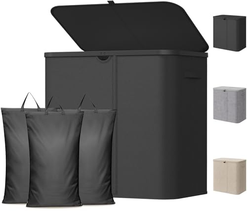 Lifewit Panier à linge Sale avec Couvercle, Grande Corbeille Linge Pliable 3 Compartiments avec Sacs Amovibles, Laundry Basket pour Chambre, Salle de Bain, Dortoir et Buanderie, 150L, Noir