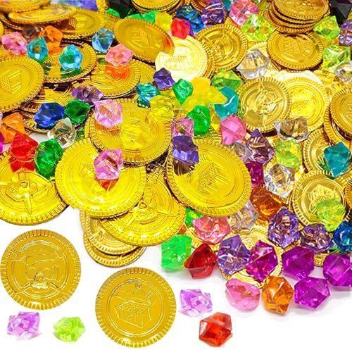 100 Stück Piratenschatz Set mit 50 Goldmünzen und 50 Edelsteine,für Piraten Deko Mitgebsel,Piratenparty Kindergeburtstag,Schatzsuche Kindergeburtstag,Halloween Abenteuer Themen Event Party Zubehör