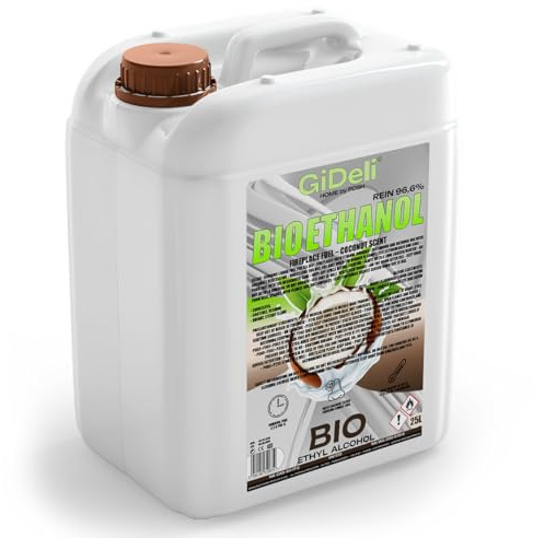 GiDeli Bioetanol - Fragancia de coco (25 L, 96,6% de etanol, para chimeneas interiores y exteriores, sin humo ni hollín), de maíz y remolacha azucarera