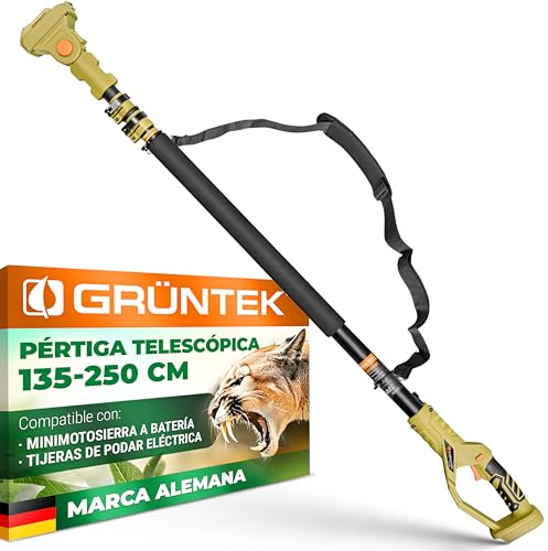 GRÜNTEK Teleskop Verlängerungsstange für Akku Kettensäge, Akku Astschere, Elektrische Gartenschere, Teleskop Verlängerung 135-250 cm, Kopf-Winkel 6-fach verstellbar, Schultergurt, leicht, robust