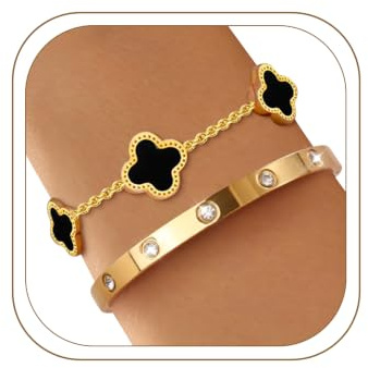 Ahokei Kleeblatt Armband Gold Damen, 18CM Titan-Stahl Wasserfest Armband 18K Vergoldet, Schwarze Vierblättriges Armreif Gold Damen Armbänder Edelstal Geschenk für Frauen