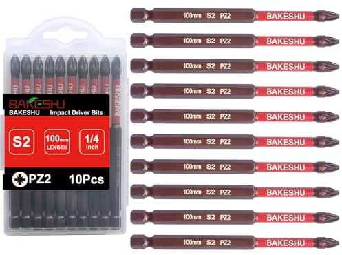 BAKESHU Pozidriv PZ2 Magnetic Impact Driver Bits, Magnetic Screwdriver Bit Set 100mm(10pcs)