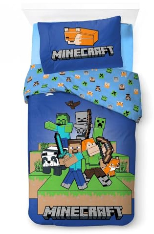 BrandMac Minecraft Gaming - Set di biancheria da letto double-face, federa 80 x 80 cm, copripiumino 135 x 200 cm, 100% cotone
