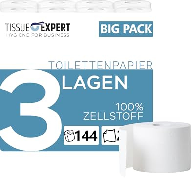 Tissue Expert Toilettenpapier 3-lagig | 144 Rollenx250 Blatt | Großpackung | Superweiches, reißfestes Klopapier aus 100% Zellstoff | ideal für Gewerbe & Vielverbraucher | 60% PCR-Verpackung WC Papier