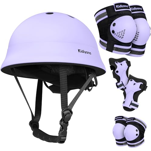 Kidiyana Barnhjälm 48–54 cm 6-i-1 skyddset – ultralätt PC-cykelhjälm med knä, armbågs- och handledsskydd för skoter, inliner, skateboard och cykel, S (2–6 år), lila
