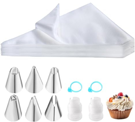 Reochps Disposable Piping Bags and Nozzles Sets 100Pcs Icing Bags with 6 Nozzles 2 Couplers & 2 Ties - Strong Clear Cake Decorating Bags for Cake Cupcake Dessert & Cookie Decoration
