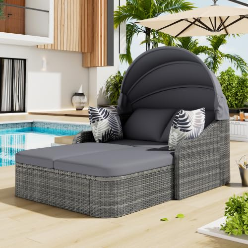 Merax Sonneninsel Gartenlounge Set – PE-Rattan Outdoor Daybed mit verstellbarem Baldachin, wetterfeste Rattanliege für 2 Personen, abnehmbare Kissenbezüge für Terrasse, Garten, Pool, Grau