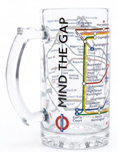 London Underground Beer Stein Official Licensed | 500ml Glass Beer Mug with Tube Map & Mind the Gap Design | Premium Pint Stein Gift for Men