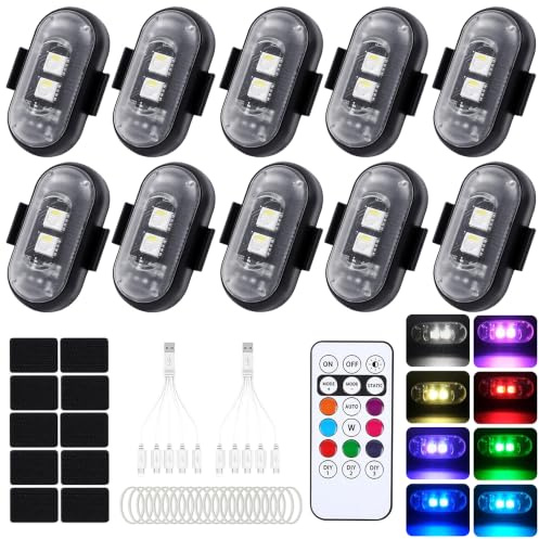 LYPPUL 10 Pezzi Luci Stroboscopiche Drone LED, 8 Colori Ricarica USB Lmpermeabile Luce a LED, Luci Stroboscopiche Senza Fili con Telecomando, Ricaricabili USB Strobe Drone Light per Motocicletta