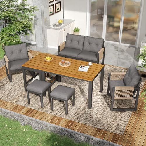 Taikonaut Modernes Gartenmöbel-Set, Garten-Lounge-Set, Outdoor-Sofa-Set mit Eisengestell, für Terrasse und Balkon, Abnehmbarer Tisch, 2 Sessel, Zweisitzer-Sofa, 2 Hocker, Kissen, Grau Natur