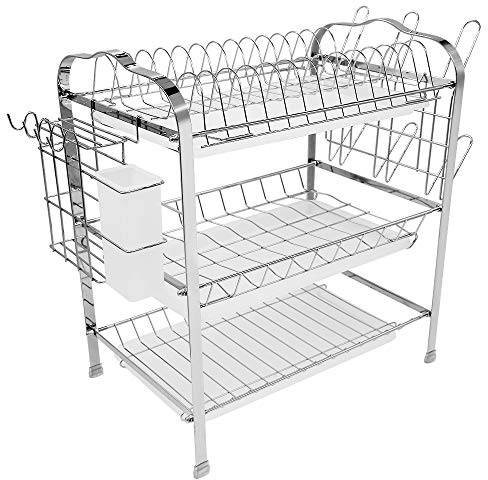 Sarah Scolapiatti in Acciaio al Carbonio a 3 Ripiani, con scolapiatti per la Cucina, Portata ca.40 kg, 42 x 49 x 25 cm, Colore Argento e Bianco con Gabbia per Bacchette + portabicchieri
