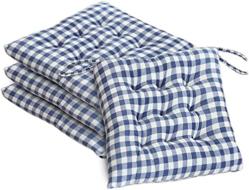 AOOPOO Set of 4 Chair Cushion Pads, Square Plaid Chairs Seat Pad for Kitchen/Dining/Garden Seat Cushions with Ties, 16 x 16 Thick Soft Comfy Seating for Indoor/Outdoor Decorations (Blue and White)