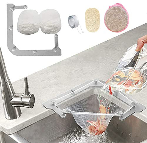 HiBD Küchenspüle Dreieck Tri-Holder Filter, Spülbeckensieb, Spülbeckenabflusssieb, mit einem dreieckigen grauen Gestell und 100 Stück großen Filternetzbeuteln für Küchenreste