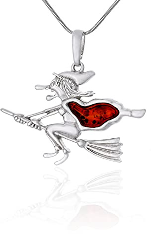 AMBEDORA Collar de Mujer Bruja, Plata de Ley Pulida, Ámbar Báltico Irregular en Color Coñac, Colgante de Plata con Cadena