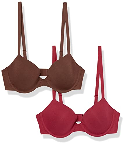 Amazon Essentials Reggiseno in Cotone Coppa Media Donna, Pacco da 2, Cioccolato/Rosso, 4B