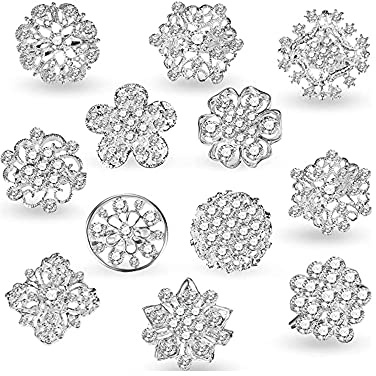 Oenothera 12 Pcs Mix Set Crystal Brooches, Floriated Brooch Pin, Wedding Brooch Pin for Wedding Party Home Decoration And Diy Christmas Crafts (Silver)