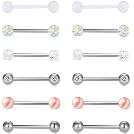 Cupimatch 12 stycken tungpiercing bröstvårtor bröstvårtspiercing rostfritt stål barbell kropp piercing smycke, 12 mm 14 mm 16 mm 18 mm, 18mm, Rostfritt stål