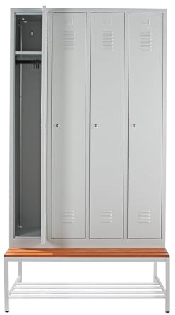 Schrank & Stuhl Spind – Metallspind mit 4 Abteilen und Sitzbank mit Schuhrost - 30 cm Abteilbreite, 220 x 117 x 80 cm, Schließfachschrank mit Hutboden & Zylinderschlössern, Grau