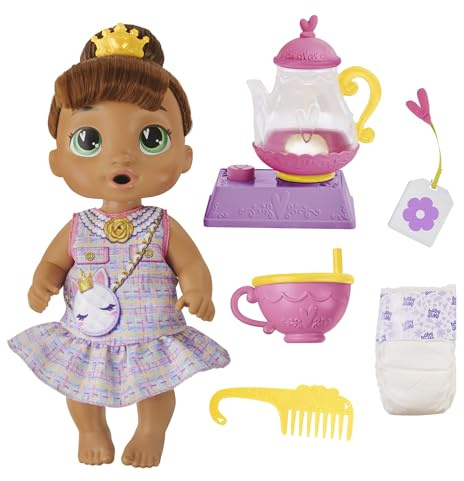 Baby Alive Bubbly Tea Party Sophia Sparkle Muñeca con Accesorios de Tetera, Pelo castaño, 11 Pulgadas, Juguetes para niñas y niños de 3 años en adelante