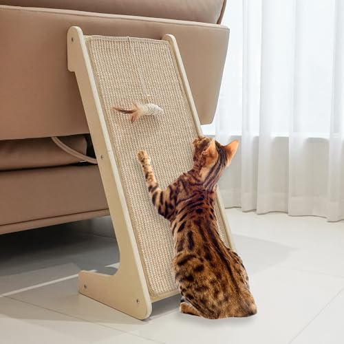 PETKARAY Tiragraffi per Gatti, Rampa Tiragraffi in Sisal per Gatti, Tiragraffi a Forma di L per Gatti da Interno, Protezione per Mobili da Parete da 27 con Giocattolo per Topi