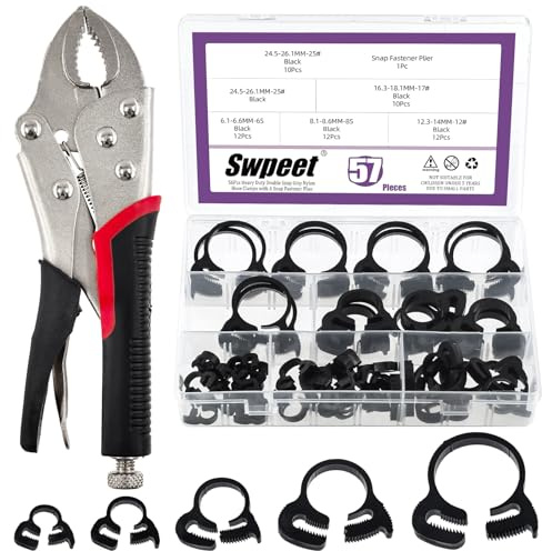 Swpeet 57Pcs 5 Size Heavy Duty Double Snap Grip Nylon Hose Clamps and 7 Curved Jaw Locking Pliers Assortment Kit, Adjustable Ratcheting Hose Clamp, Vice Grips Pliers, Snap Fastener