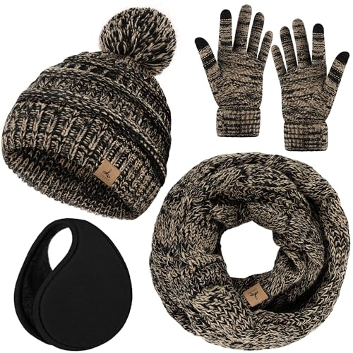 4 PCS Beige Black Mix Beanie with Pom Poms Neck Scarf Touch Screen Gloves and Ear Muffs Set, Knit Winter Set for Women