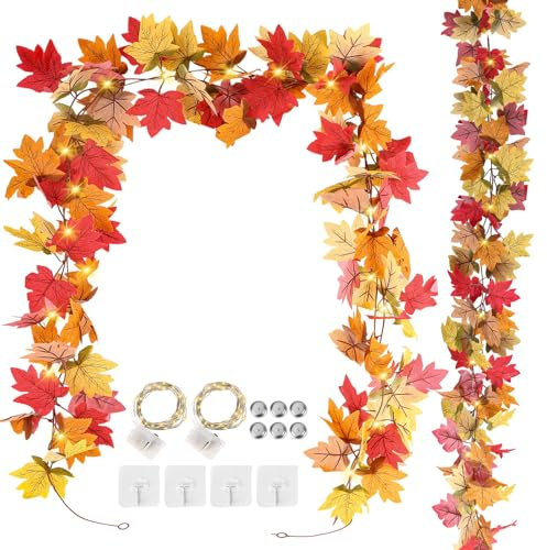 AILUYA 2 Stück Herbstgirlande, 2m Ahornblatt Girlande, Künstliche Herbstlaub-Girlande mit LED-Warmlicht und Haken, Hängepflanze für Fenster, Halloween, Kamine Herbst Deko