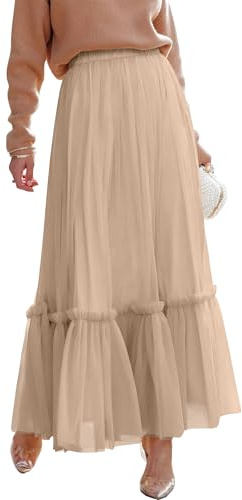 ANRABESS Maxi Skirts for Women Tulle Long Tiered Elastic High Waisted A Line Flowy Dressy Casual Skirt 2026 Fall Trendy Light Tan Medium