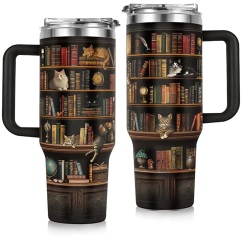 GoMelley Cat Book Tumbler 40oz, Painted Books Mug for Book Lover Gifts Women, Cat Travel Coffee Mug, Bookish Gifts, Books Club Gift for Readers, Librarian, Bookworm, Reading Gift, Bookish Items