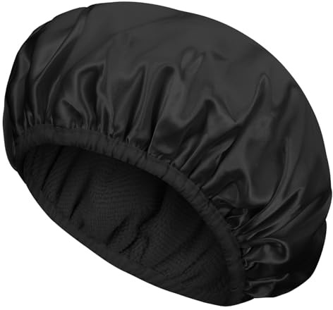 Gjinxi Bonnet de douche, bonnet de douche doublé en éponge, triple couche, imperméable, réglable, pour cheveux épais (noir)