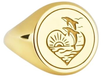 LKBEADS Delfinhjärta i 925 sterlingsilver | Guldpläterad ring | Sigillring i rund form, 14 x 14 mm | Bandstorlek US 5–12,5 avelaibal | LKDR_0020