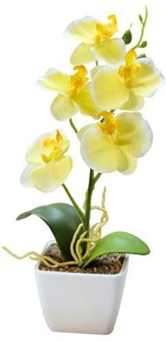 BEAHING Orchid in Pot 10.6 Inch, Realistic Yellow Faux Phalaenopsis with 5 Flowers, Artificial Plant for Home Office Wedding