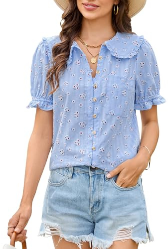 Blusa de muselina para mujer, 100% algodón, con elegante patrón de agujeros, parte superior de verano, manga corta, cuello en V, elegante blusa con cuello de bubi y mangas abullonadas, estilo bohemio