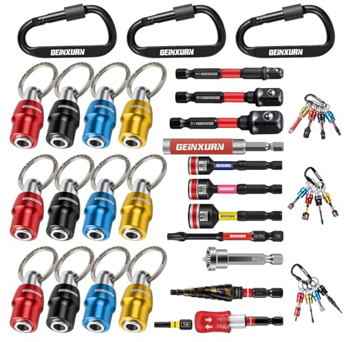 Geinxurn 25Pcs Magnetic Drill Bit Holder Keychain Set, 1/4 Hex Shank Quick-Change Bit Extension Aluminum Alloy Screwdriver Bit Holder, Incl. Step Drill, Screwdriver Bits, Sockets Adapter, Nut Driver | Universal 1/4 Hex Shank Bit with Carabiner for Tool Belt and Bag