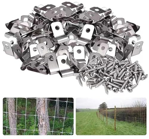 CashMuch 100-Pack Stainless Steel Wire Fence Clips with Screws for Securing Wire Mesh to Vinyl, Wood, or Metal Posts