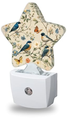 Birds Butterfly Decorative Nightlight Plug in Wall,Watercolor Floral Star Shaped Night Light with Built in Sensor for Home Decor,Kitchen Hallway Stairs Desk Lamp
