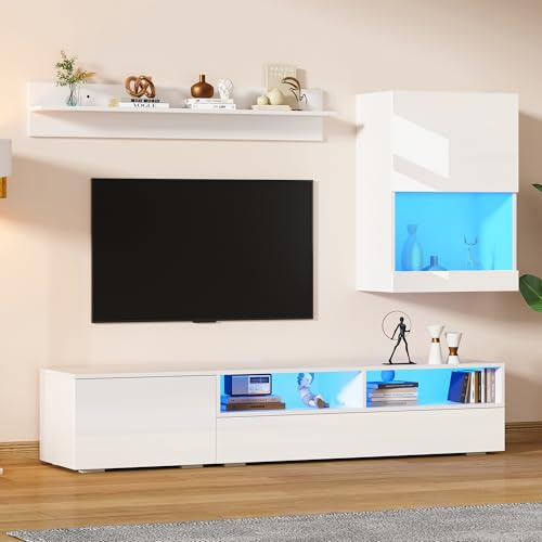 Merax 3-Piece TV Unit Set for TVs up to 80 Inch, High Gloss Media Wall Unit with TV Cabinet, Display Cabinet & Wall Shelf, Modern Living Room Furniture, TV Entertainment Center, White