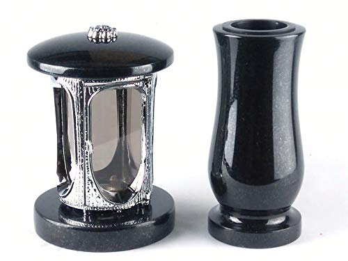 designgrab Grablampe aus verchromtem Aluminium und Grabvase in Granit Schwedisch Black