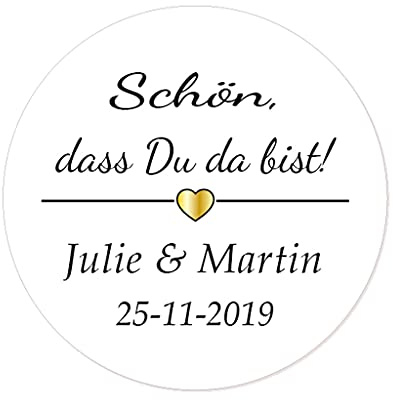 48x personalisiert Gold Herz Hochzeitssticker - 'Schön, dass Du da bist!' Goldene Hochzeit Aufkleber - 4 cm Runde Papieraufkleber Etiketten für Hochzeit,Gastgeschenk,Tischdeko,Flaschen,Tüten - Rd 144