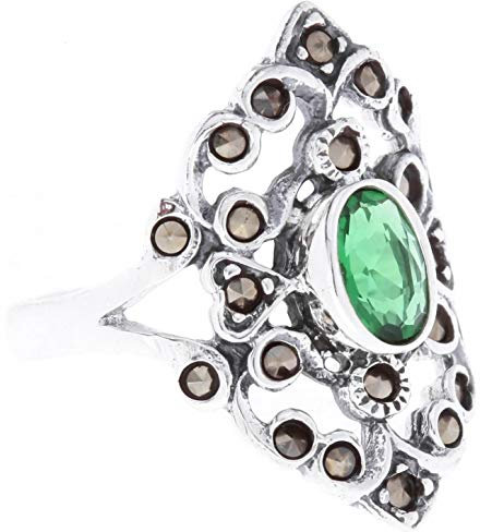 WINDALF Damen Mittelalter Ring AZUARÎ 21 mm Grüner Smaragd 925 Sterlingsilber (Silber, 66 (21.0))