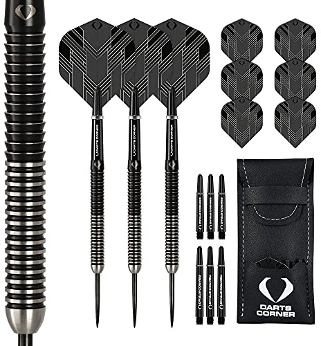 Darts Corner BlackFin Dart-Set mit hochwertigem 90% Wolfram geradem Schaft und Stahlspitze, inklusive 6 Flights, 6 Stiele, Checkout-Karte und Aufbewahrungsetui, 22 g, 24 g, 26 g
