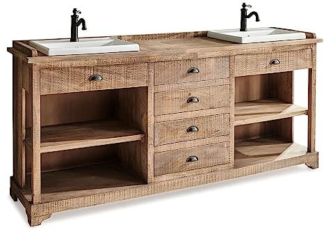 Loberon Waschtisch Farum, Landhaus-Stil, Vier Schubladen & Vier Offene Regalböden, Antik-Finish, Doppelwaschtisch, Badmöbel, Mangoholz, Keramik, antikbraun