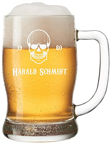 Leonardo Bierkrug mit Wunschgravur - Bierglas 0,5 Liter personalisiert mit Name und Jubiläumszahl - Geschenk für Biertrinker - Bierseidel als Geburtstagsgeschenk - Motiv Totenkopf