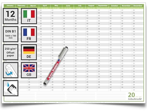 Kalenderoutlet Din B1 international Calendrier permanent effaçable calendrier anniversaire calendrier perpétuel calendrier(100,0 x 70,0 cm avec marqueur) - anglais