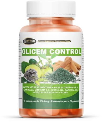 Hyper Glicem Control - Glucosio e Carboidrati - Integratore Alimentare con Griffonia, Cannella, Gimnema, Spirulina, Garcinia, Acido Alfa Lipoico, Cromo. 60 Compresse, prodotto in Italia.