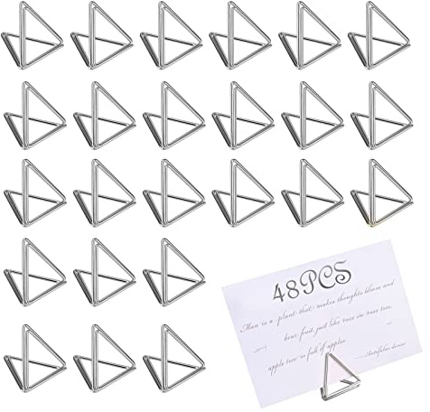 AIEX - Portatarjetas de mesa (48 piezas, soporte para números de mesa, triángulo, tamaño pequeño, soporte de fotos para mesas, adecuado para bodas, fiestas, restaurantes, cumpleaños (plata)